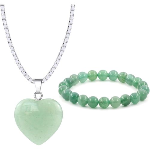 Eryi-2 Pièces Pierre Naturelle Ensemble Bijoux Pour Femme 8mm Bracelets De Perles En Pierre Naturelle Collier C?ur En Cristal Cadeaux Pour Femme