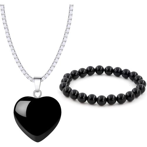 Eryi-2 Pièces Pierre Naturelle Ensemble Bijoux Pour Femme 8mm Bracelets De Perles En Pierre Naturelle Collier C?ur En Cristal Cadeaux Pour Femme
