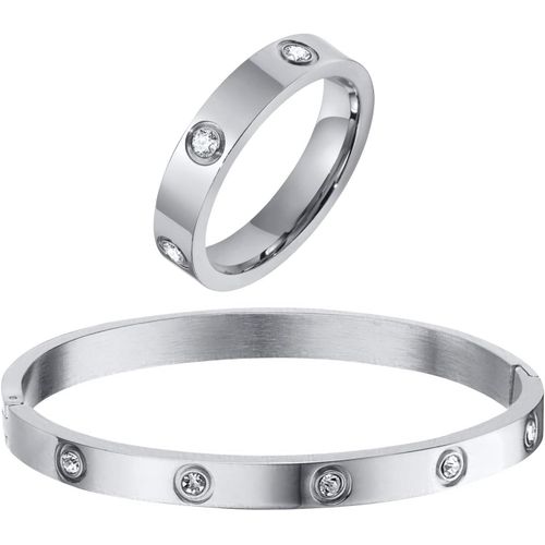 Eryi-Parure Femmes Bague Et Bracelets, Bracelets En Or 18k Plaqué Avec Zircone Et Bague En Acier Inoxydable Cadeau D'anniversaire, Mariage, Saint-Valentin