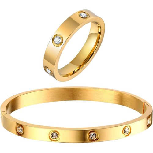 Eryi-Parure Femmes Bague Et Bracelets, Bracelets En Or 18k Plaqué Avec Zircone Et Bague En Acier Inoxydable Cadeau D'anniversaire, Mariage, Saint-Valentin