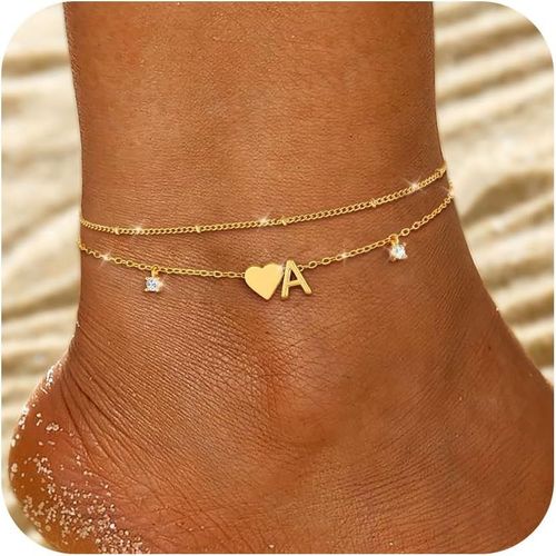 Eryi-Bracelet Cheville Femme Or Chaine De Cheville Initiales Coeur Bracelet Cheville Imperméable Réglable Avec Zircones Ensemble Chaine Été Chaine De Pied Bijoux Femme Fille