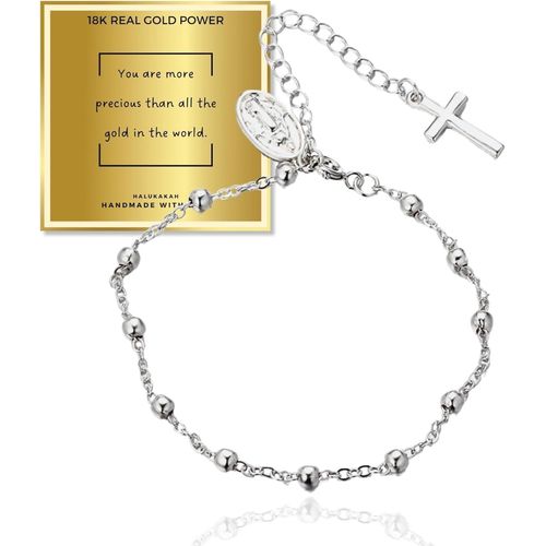 Eryi-Bracelet À Maillons Plaqué Or 18k/Platine Avec Croix Chapelet Italien Et Perles,Bracelet En Argent Sterling Pour Femmes,Longueur Ajustable,Cadeau Catholique Pour Maman,Fille,Amies,Épouse