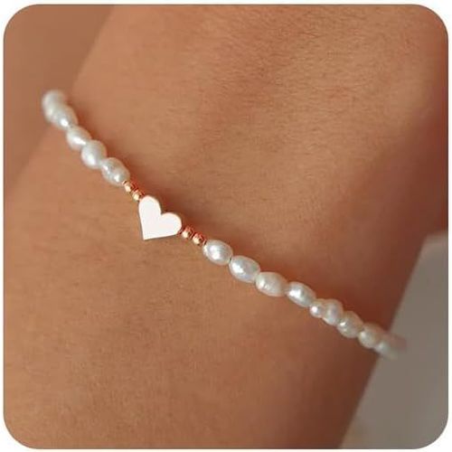 Eryi-Bracelet En Perles Plaqué Or 14k, Bracelet Doré Femme Avec Pendentif En Coeur, Élégant Bracelet De Perles Avec Perle Blanche, Jolis Bracelets En Perles Pour Femmes (Or Rose)