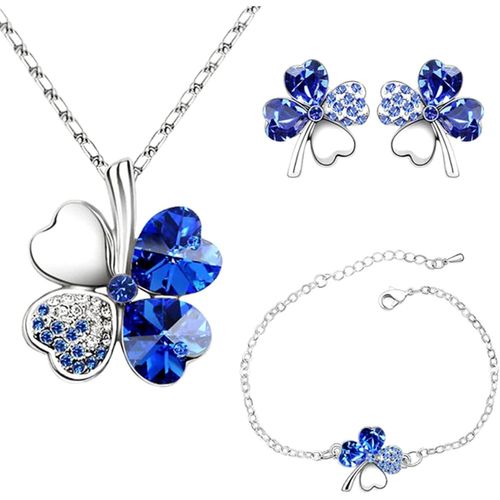 Eryi-Collier Trefle Boucles D'oreilles Trèfle À Quatre Feuilles Bracelets Réglable Pendentif Chaîne Ensemble De Pêche Coeur Strass Cristal Incrusté Bijoux Pour Filles Femmes
