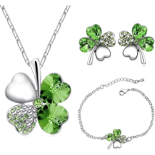 Eryi-Collier Trefle Boucles D'oreilles Trèfle À Quatre Feuilles Bracelets Réglable Pendentif Chaîne Ensemble De Pêche Coeur Strass Cristal Incrusté Bijoux Pour Filles Femmes