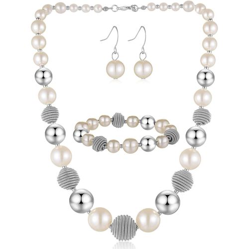 Eryi-3 Pcs Parure De Bijoux Collier De Perles Grosses Bracelet Et Boucles D'oreilles Cadeau D'anniversaire Pour Femme