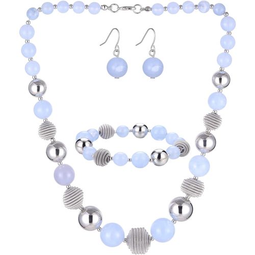 Eryi-3 Pcs Parure De Bijoux Collier De Perles Grosses Bracelet Et Boucles D'oreilles Cadeau D'anniversaire Pour Femme