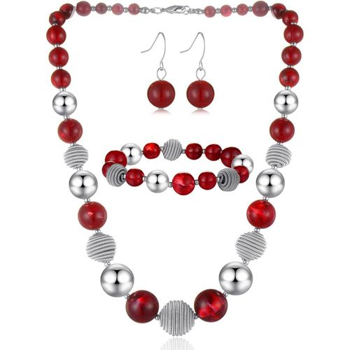Eryi-3 Pcs Parure De Bijoux Collier De Perles Grosses Bracelet Et Boucles D'oreilles Cadeau D'anniversaire Pour Femme