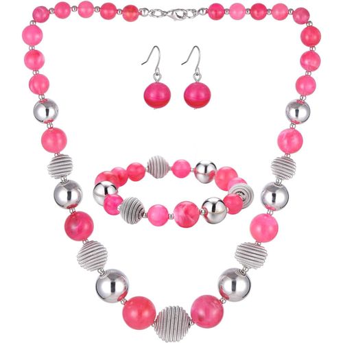 Eryi-3 Pcs Parure De Bijoux Collier De Perles Grosses Bracelet Et Boucles D'oreilles Cadeau D'anniversaire Pour Femme
