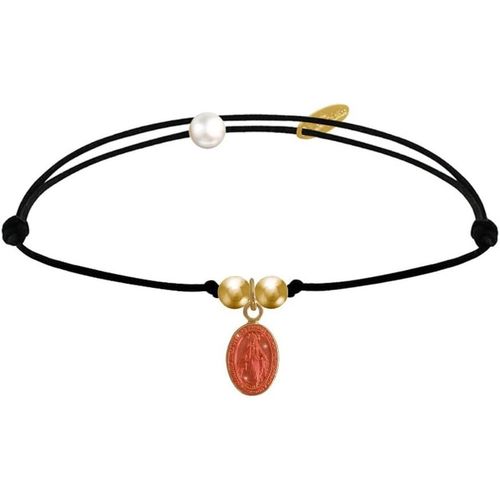 Eryi-- Bracelet Lien Noir Médaille Vierge Miraculeuse Colorée Et 2 Perles Plaqué Or
