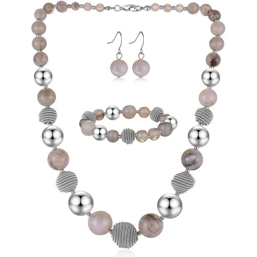 Eryi-3 Pcs Parure De Bijoux Collier De Perles Grosses Bracelet Et Boucles D'oreilles Cadeau D'anniversaire Pour Femme