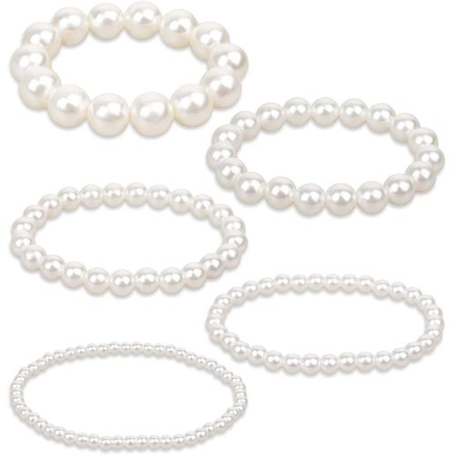 Eryi-5 Pièces Bracelet De Perles Pour La Mariée Femme Parti Mariage Blanc Perles 1920 Cadeaux Perles Artificielles Cristal Perles Automne 5 Tailles (4/6/8/10/12mm)