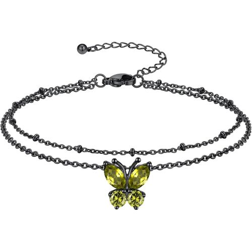 Eryi-Papillon Avec 12 Pierres Au Choix Bracelet De Cheville Double En Acier Inoxydable, Chaîne O De Argent/Or/Noir, Longueur De 22 + 5 Cm Réglable
