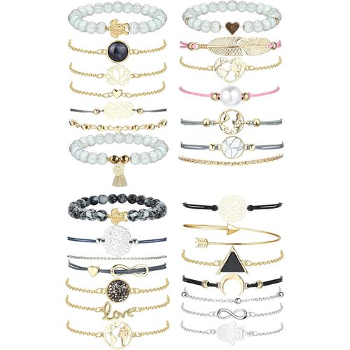Eryi-28 Pcs Bohemia Bracelet Set Pour Femme Fille Réglable Manchette Layered Multi Bracelet Pendentif Forme Ronde Perles ¿Et Pompon Elastique Bracelet Cadeau Bijoux