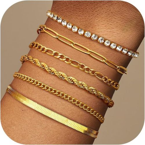 Eryi-6 Pcs Chaîne Bracelets Femme Bracelets Acier Inoxydable Femme Plaqué Or 14k Bracelet Tennis Twist Figaro Réglable Bracelet Boheme Bracelet Charms Bracelet Or Bijoux Pour Femmes Filles