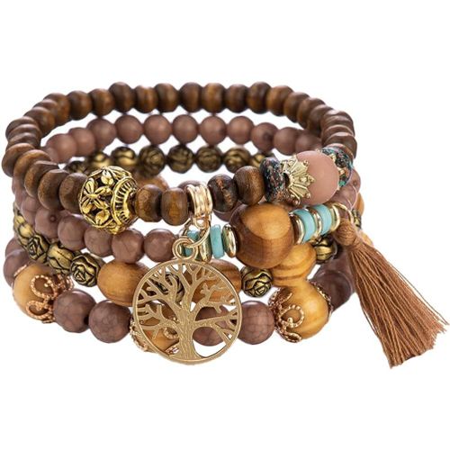 Eryi-Lot De 4 Bracelets Bohémiens En Perles De Bois Pour Femme, Bracelet Perles Naturelles Femme, Multicouches Extensibles Avec Breloque Arbre De Vie Chaîne De Main, Pour Femmes Et Filles,Brun