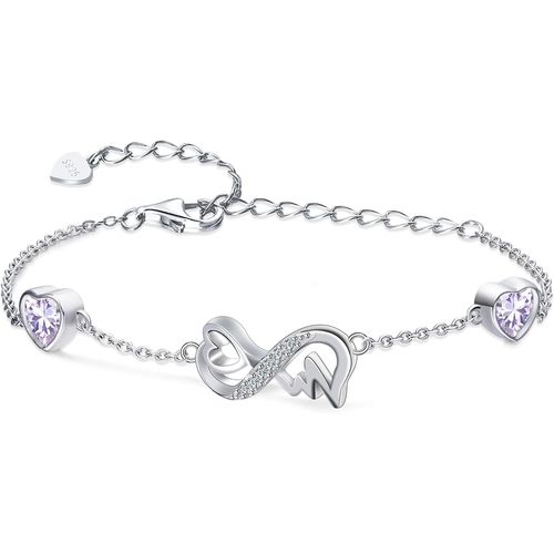 Eryi-Bracelet Infini Coeur Argent Sterling 925 Bracelet Femme Avec 2 Coeurs Pierres De Naissance Réglables Infinity Heart Ecg Bracelets, Belle Bijoux Cadeau D'anniversaire Pour Fille Maman