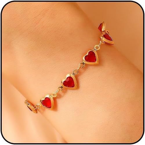 Eryi-Bracelet En Zircone Rouge Pour Femme - Bracelet En Forme De C?Ur - Bracelet En Or Avec Pendentif En Forme De C?Ur - Bijoux En Or Pour Femme - Bracelet En Zircone Pour Femme - Bracelet Doré