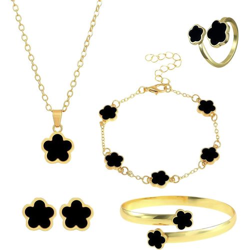 Eryi-Bijoux Femme Trèfle À Quatre Feuilles Porte-Bonheur, Ensemble 6 Pièces Collier, Bracelet, Bague, Boucles D'oreilles En Acier Inoxydable, Parures Cadeau Pour Anniversaire, Saint-Valentin