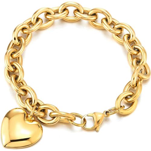 Eryi-Rolo Chaîne Charmes Bracelet - Bracelet Charms Pour Les Femme - Acier Inoxydable -Lien Bracelet Avec Souffle Coeur Poli