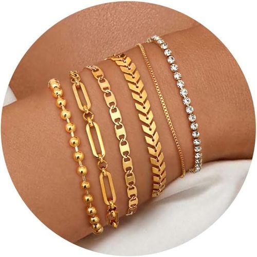 Eryi-6 Pièce Bracelet Or Pour Femme 18k Plaqué Or Bracelet Acier Inoxydable Femme Empilables Chaîne Bracelets Réglables Fantaisie Bracelets Or/Argent
