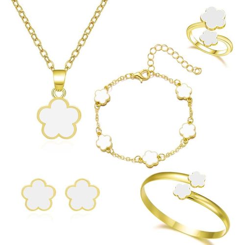 Eryi-Bijoux Femme 5 Pièces Alliage Fleur À Cinq Feuilles Bague Boucles D'oreilles Collier Bracelet Idéal Pour Cadeaux, Occasions Spéciales Et Femmes