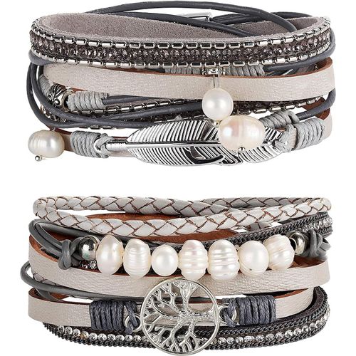 Eryi-2 Pcs Boho Bracelet Manchette Femme Fille Cuir Bohème Multicouche Arbre De Vie Bracelets Zen Femme Boucle Magnétique Bracelet Bijoux Pour Mère Amis Bracelet Fermoir Magnétique