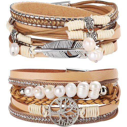 Eryi-2 Pcs Boho Bracelet Manchette Femme Fille Cuir Bohème Multicouche Arbre De Vie Bracelets Zen Femme Boucle Magnétique Bracelet Bijoux Pour Mère Amis Bracelet Fermoir Magnétique