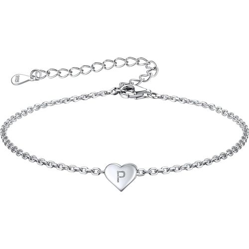 Eryi-Bracelet Femme Coeur Argent 925 Gravé D'initiale, Gourmette Fille Lettre A-Z Réglable 16+5cm Avec Cadeau Boîte