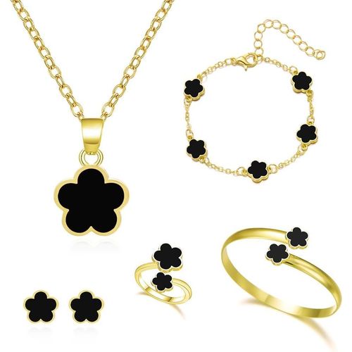 Eryi-Bijoux Femme 5 Pièces Alliage Fleur À Cinq Feuilles Bague Boucles D'oreilles Collier Bracelet Idéal Pour Cadeaux, Occasions Spéciales Et Femmes