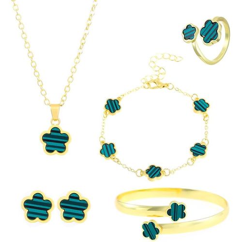 Eryi-Bijoux Femme 5 Pièces Alliage Fleur À Cinq Feuilles Bague Boucles D'oreilles Collier Bracelet Idéal Pour Cadeaux, Occasions Spéciales Et Femmes