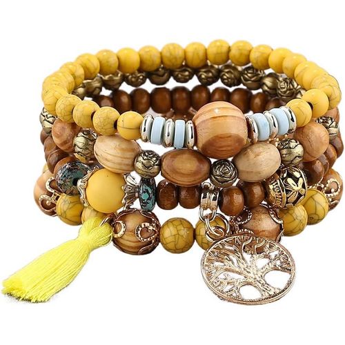 Eryi-Lot De 4 Bracelets Bohèmes En Perles De Bois Pour Femme Avec Pampilles Et Breloques Arbre De Vie