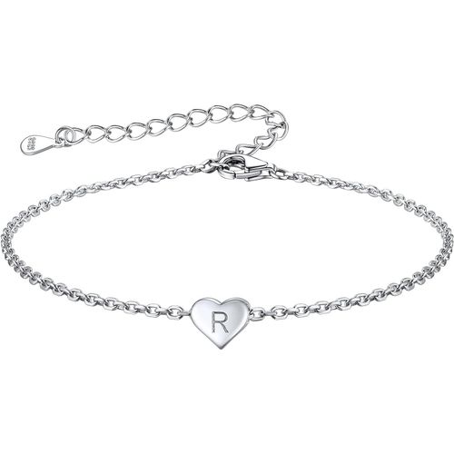 Eryi-Bracelet Femme Coeur Argent 925 Gravé D'initiale, Gourmette Fille Lettre A-Z Réglable 16+5cm Avec Cadeau Boîte