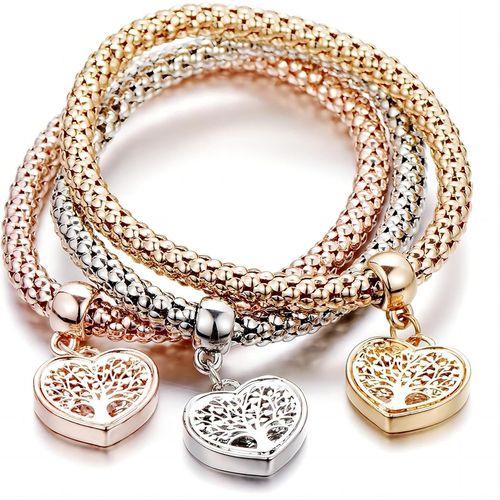 Eryi-3 Pièces Bracelet De Charme Des Femmes Avec Arbre De Vie Pendentif Bracelet, Élastique, Bracelet Manchette Pour Les Avec Cristal(En Argent,Or Rose,Or), One Size, Argent, One Size, Argent