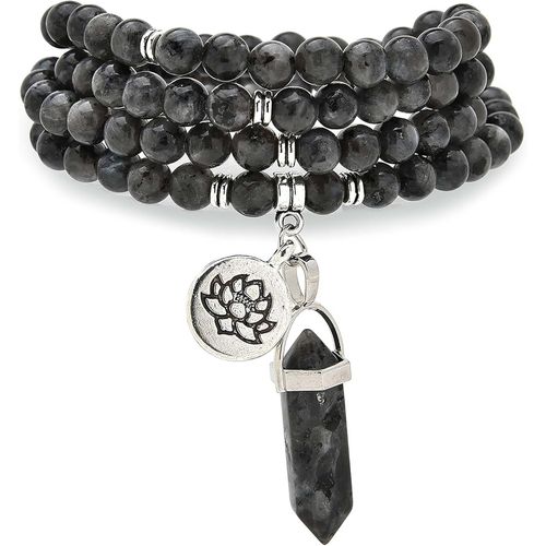 Eryi-Collier Bracelet Mala 108 Perles De Prière Naturelles Avec Breloque Lotus Et Pendentif Prisme Hexagonal En Quartz Reiki