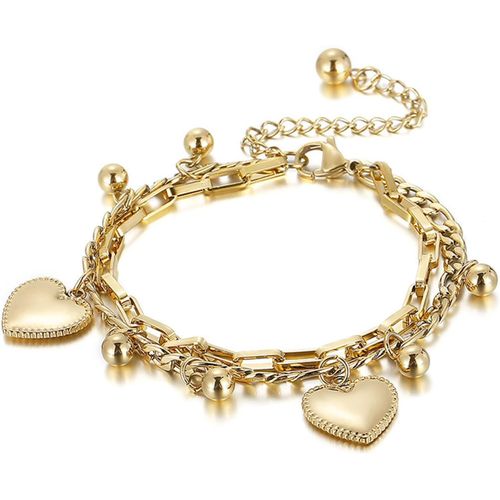 Eryi-Bracelet Femme Acier Inoxydable, Double Couches, Chaîne Figaro Et Boîte Breloque C?Ur Et Boules, Doré/Argenté, Fantaisie