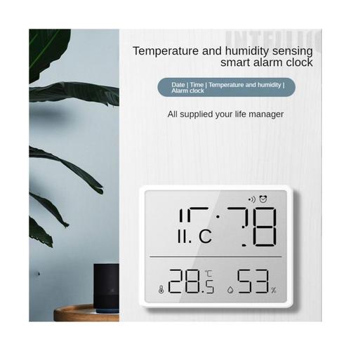 ThermomèTre HygromèTre NuméRique avec Horloge Moniteur D'Humidité Minuterie Alarme pour Bureau à Domicile Chambre Blanc