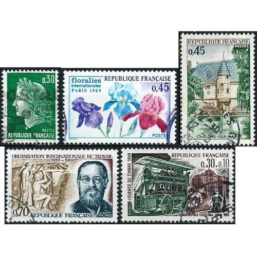 France 1969, Timbres Yvert 1589 Journée Du Timbre, Omnibus À Chevaux, 1597 Floralies De Paris, 1600 Albert Thomas, 1602 Congrès Philatélique À Chalons, 1611 Marianne De Cheffer, Oblitérés, Tbe