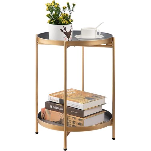 Table D'appoint Ronde À 2 Etages Avec Plateau En Métal Doré, Table Basse Bout De Canapé Pour Salon Chambre Balcon Terrasse, Gris & Doré