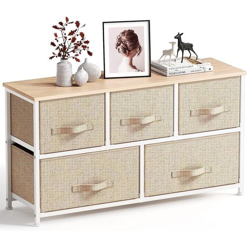 Commode En Tissu Avec 5 Tiroirs, Grande Tour De Rangement, Unité De Rangement Avec Dessus En Bois Et Poignée Facile À Tirer Pour Placards, Salon, Chambre D'enfant, Couloir (Beige)