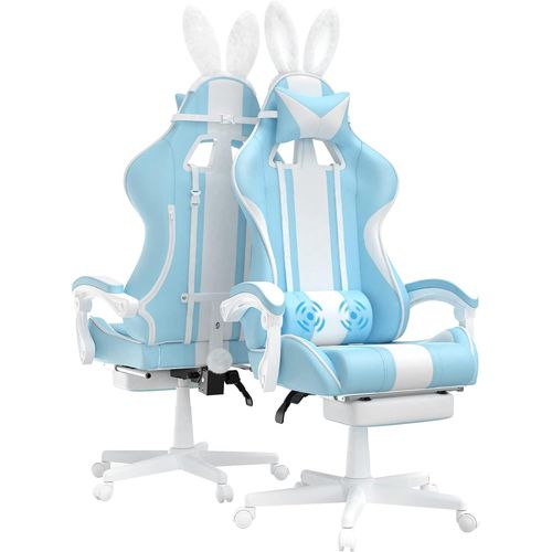 Gaming Chair Massage Avec Repose-Pieds Fauteuil Ergonomique Gaming Chair Avec Appui-Tête Chaise De Bureau Pc Gamer Racing Avec Coussin Lombaire Et Oreilles De Lapin Bleu Clair A-Bleu Clair