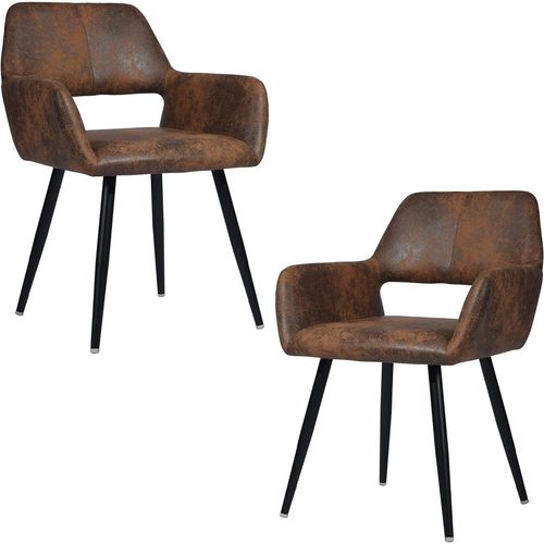 Lot De 2 Chaises De Salle À Manger Fauteuil Rétro Vintage Assise Rembourrée En En Suédine Pieds En Métal Pour Cuisine Salon Chambre Bureau, Brune, Marron