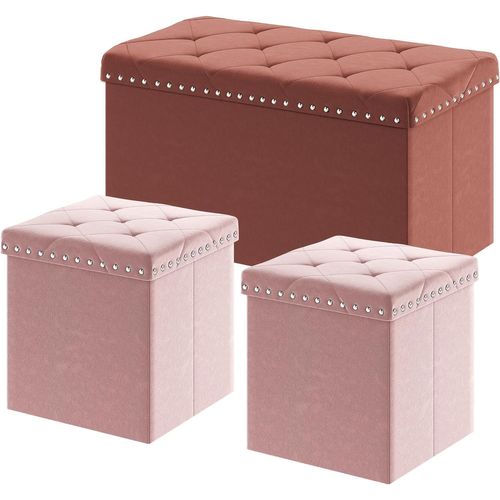 Banc De Rangement, Coffre De Rangement Avec Rivet, Tabouret Repose-Pieds, Ottoman Avec Espace De Stockage, Velours Pouf De Chambre, 3pcs, Rose