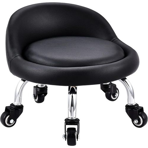 Tabouret Bas Avec Roues, Mini Tabouret À Roulettes Pied Bas, Dossier Simili Cuir Siège Faible Métal Piétement, 360° Banc Rond En Cuir Avec 5 Roues Pour Le Bureau À Domicile Ou Le Fitness(Noir)