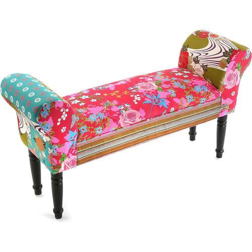 Pink Patchwork Banquette Tabouret Banc Chaise Longue Pour Le Salon Chambre Bureau, Avec Accoudoir, Dimensions (H X L X L) 53 X 32 X 100 Cm, Coton Et Bois, Couleur: Rose