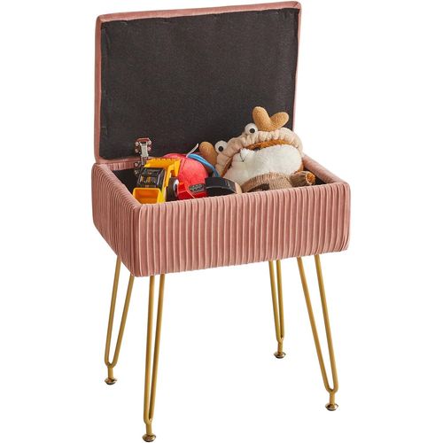 Tabouret Pouf Ottoman Avec Espace De Rangement, Tabouret De Maquillage, Tabouret Repose-Pieds En Velours, Chaise De Coiffeuse Carrée À Rayures, Pieds En Métal Doré, 40×29.5×48cm Rose