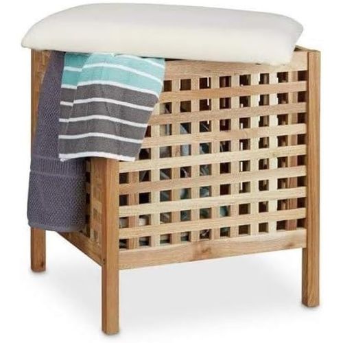 Tabouret De Salle De Bain En Bois De Noyer Massif Compartiment Linge Coffre Coussin Assise Corbeille 52 Litres Hxlxp: 52 X 49 X 49 Cm, Couleur Naturelle Et Blanc