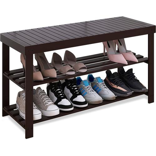 Banc À Chaussures En Bambou Robuste, Organiseur À Chaussures À 3 Niveaux, Étagère De Rangement Pour Entrée, Couloir, Salle De Bain, Salon (Marron Foncé)