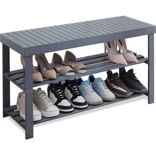 Banc À Chaussures En Bambou, Étagère De Rangement À Chaussures À 3 Niveaux Pour Entrée, Couloir, Salle De Bain, Salon (Gris)