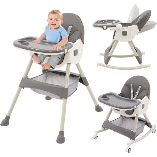 3 En 1 Chaise Haute Bébé Evolutive Pliable Chaise Haute Transat Inclinable Enfant Chaise Reglable Hauteur Avec Table Et Roulettes Couleur Gris